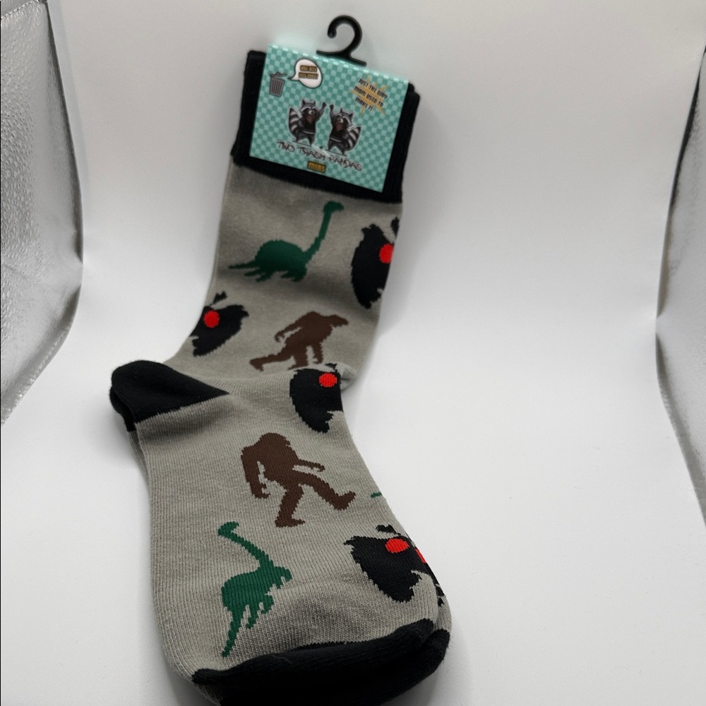 Fun Patterned Gray Dress Socks with Sasquatch and Dinosaur